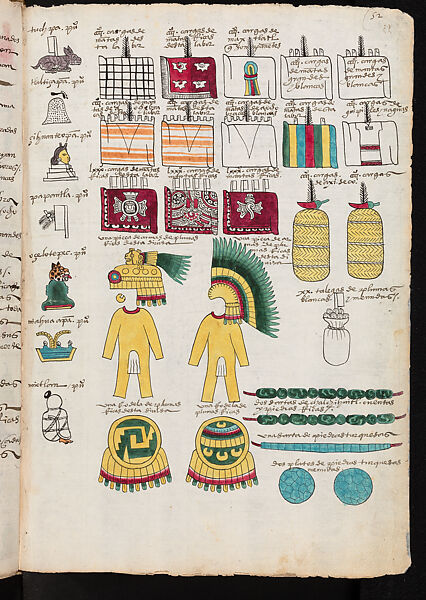 Codex Mendoza, Folios 51 (verso) and 52 (recto), Attributed to Francisco Gualpuyogualcal (Mexican, Nahua, active 16th century), Paper, pigment, Nahua and Spanish 