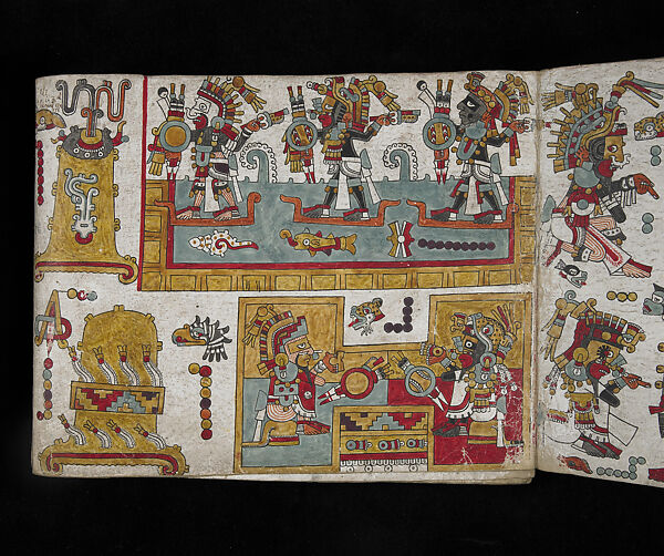 Codex Zouche-Nuttall, Pages 86 and 85, Deerskin, gesso, pigment, Mixtec (Ñudzavui) 