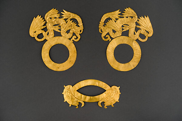 Face Ornaments of Quetzalcoatl, Gold, Maya 