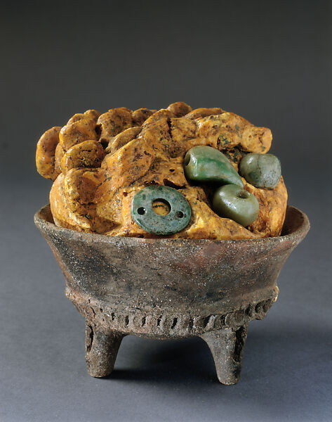 Tripod Bowl Containing Copal and Jadeite Beads, Copal, ceramic, jadeite, Maya 