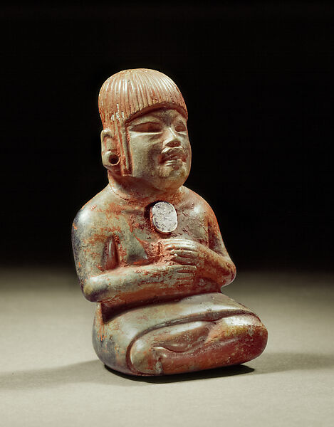 Seated Female Figure with Mirror Disk, Jadeite, hematite, cinnabar, Olmec 