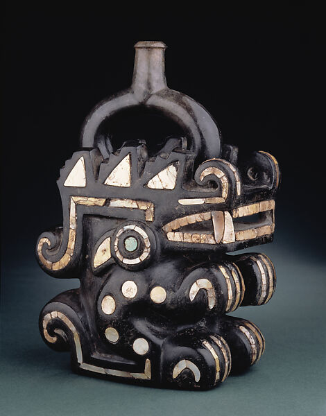 Vessel Representing a Mythological Animal, Ceramic inlaid with mother-of-pearl and turquoise, Moche 