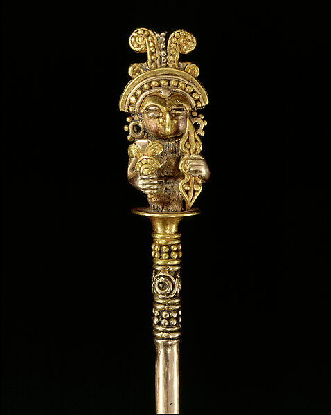 Lime Dipper with Anthropomorphic Finial, Gold, copper , Calima-Yotoco 