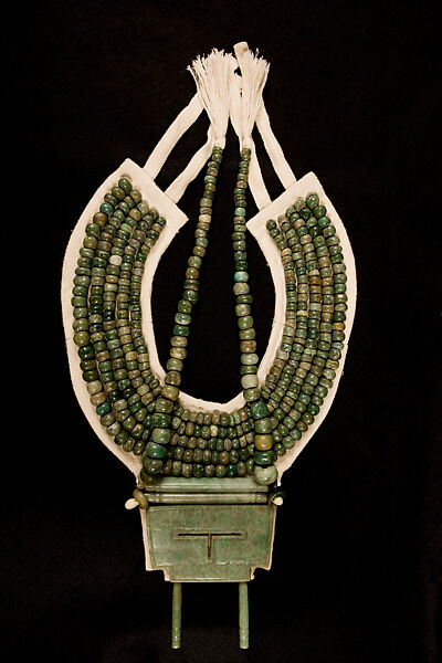 Collar and Ik' Pectoral, Jadeite, linen, Maya 