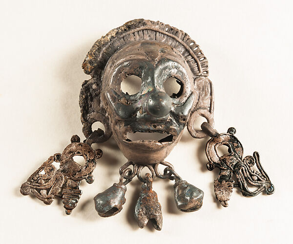 Mask with Serpent Earrings and Bells, Silver, Mexica 