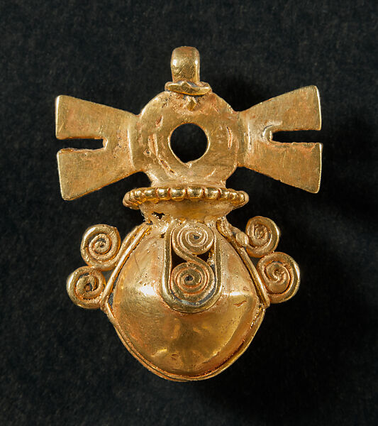 Olive-Shaped Bell Pendant with Ollin Symbol, Gold, Mexica 