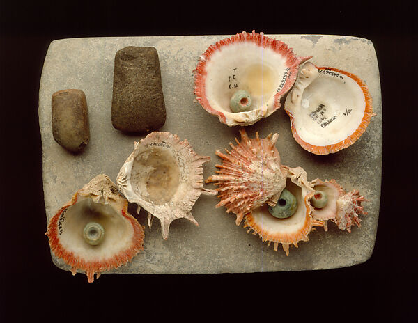 Shells with Jade Beads, Spondylus shell, cinnabar, jadeite, Maya 