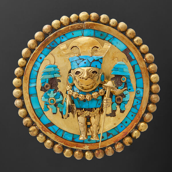 Ear Ornament Depicting a Warrior, Gold, turquoise, wood, Moche 