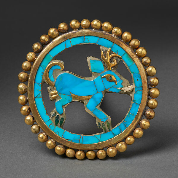 Ear Ornament with Deer, Gold, turquoise, Moche 