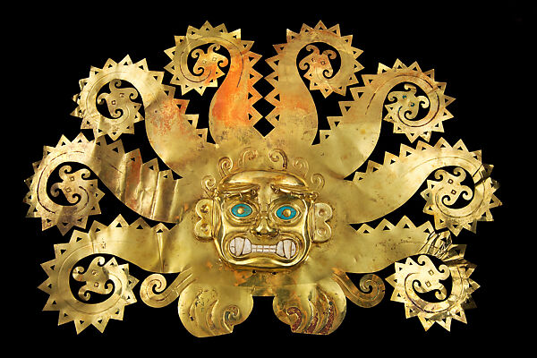 Octopus Frontlet, Gold, chrysocolla, shells, Moche (La Mina) 