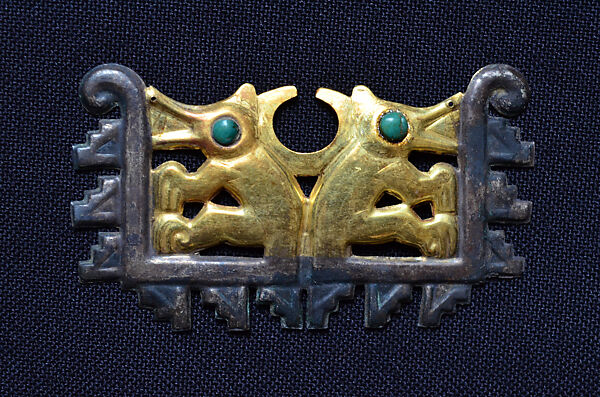 Nose Ornament, Gold, silver, turquoise inlay       , Moche 