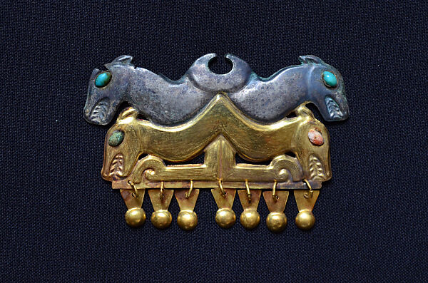 Nose Ornament, Gold, silver, turquoise inlay, Moche 