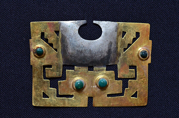 Nose Ornament, Gold, silver, turquoise inlay, Moche 