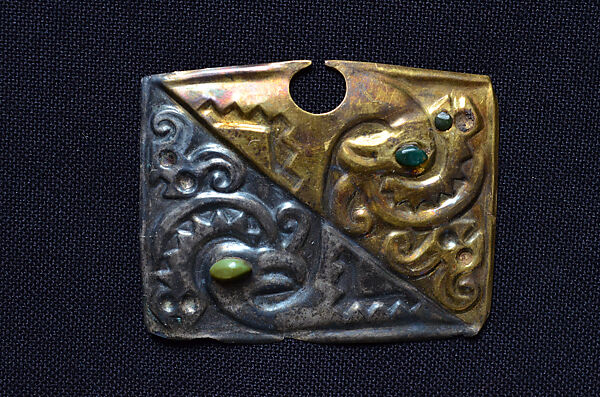 Nose Ornament, Gold, silver, stone inlay, Moche 