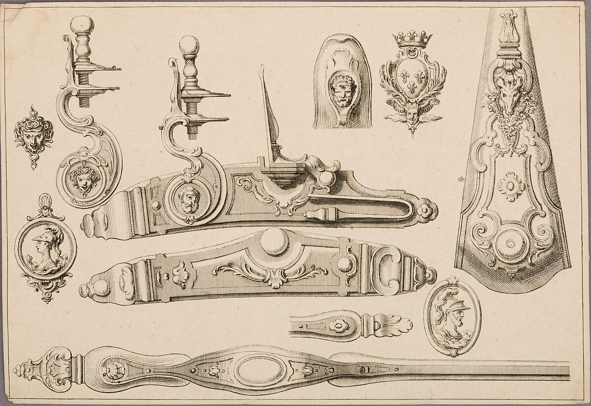 Design of a Flintlock, Side Plate, Butt Plate, and Trigger Guard, unnumbered plate from Nouveaux Desseins d'Arquebuserie Inventez et Gravez par Le Sr. Gillot, Claude Gillot (French, Langres 1673–1722 Paris), Etching, engraving, French, Paris 