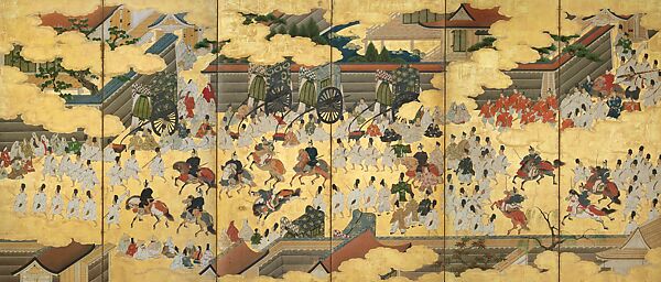 Battle of the Carriages (Kuruma arasoi-zu byōbu), Pair of six-panel folding screens; ink, color, and gold on paper, Japan 