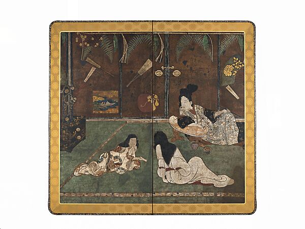 Messenger Delivering a Letter (Fumitsukai byōbu-e), Unidentified artist, Two-panel folding screen; ink, color, and gold on paper, Japan 