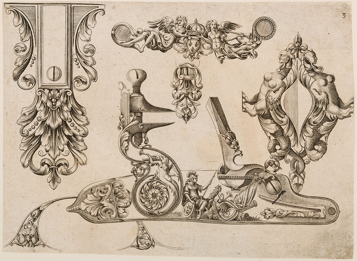 Plate Three from Plusieurs Models des plus nouuelles manieres qui sont en usage en l'Art de Arquebuzerie, C. Jacquinet (French, Paris, active mid-17th century), Engraving, French, Paris 