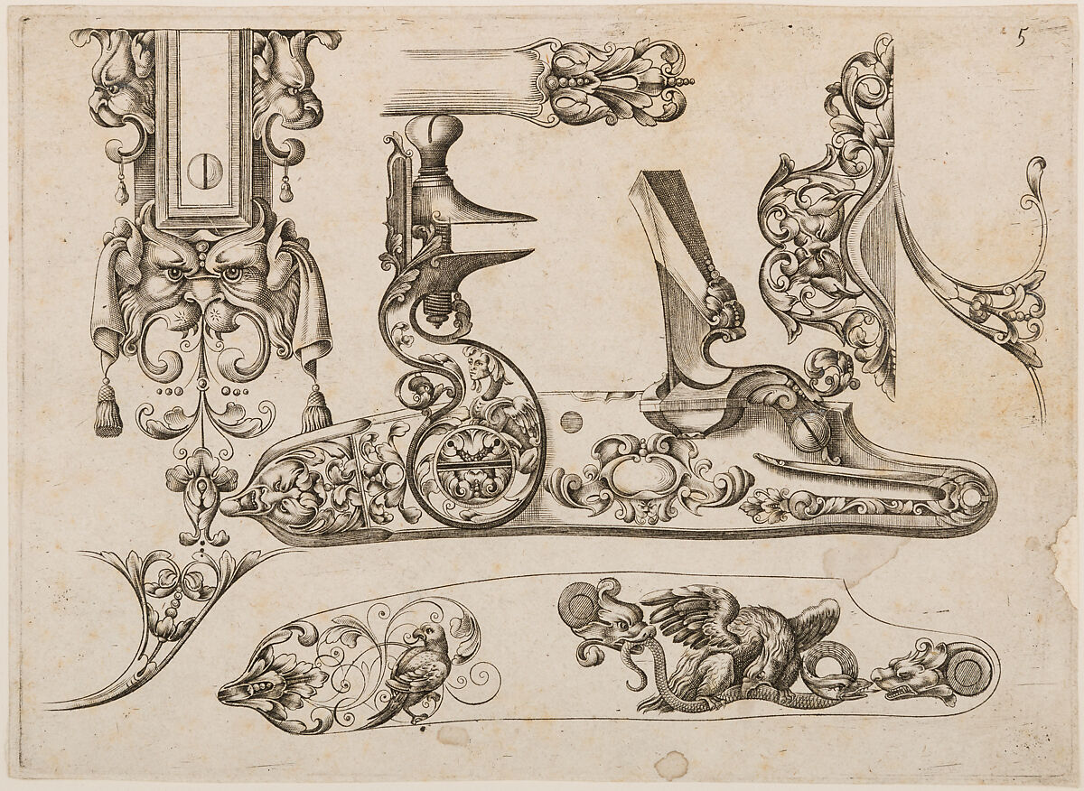 Plate Five from Plusieurs Models des plus nouuelles manieres qui sont en usage en l'Art de Arquebuzerie, C. Jacquinet (French, Paris, active mid-17th century), Engraving, French, Paris 