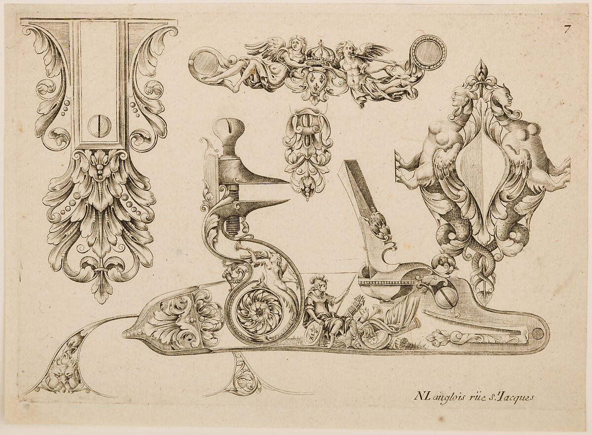 Plate Seven from Plusieurs Models des plus nouuelles manieres qui sont en usage en l'Art de Arquebuzerie, C. Jacquinet (French, Paris, active mid-17th century), Engraving, French, Paris 