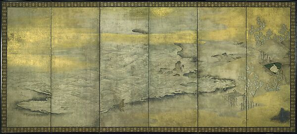 Genji in Exile at Suma (Suma zu byōbu), Six-panel folding screen; ink, color, gold, and silver on paper, Japan 