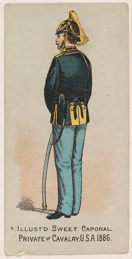 Private of Cavalry, United States Army, 1886, from the Military Series (N224) issued by Kinney Tobacco Company to promote Sweet Caporal Cigarettes, Issued by Kinney Brothers Tobacco Company, Commercial color lithograph 