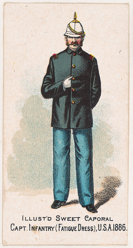 Captain, Infantry, Fatigue Dress, United States Army, 1886, from the Military Series (N224) issued by Kinney Tobacco Company to promote Sweet Caporal Cigarettes, Issued by Kinney Brothers Tobacco Company, Commercial color lithograph 