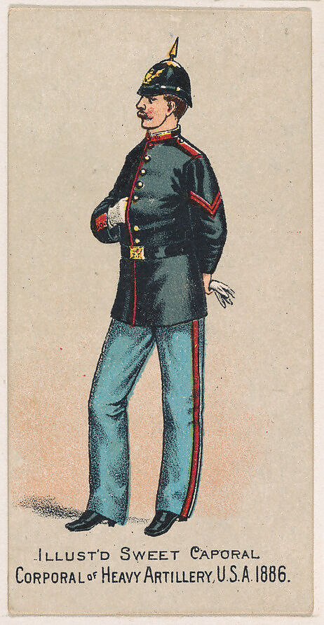 Corporal of Heavy Artillery, United States Army, 1886, from the Military Series (N224) issued by Kinney Tobacco Company to promote Sweet Caporal Cigarettes, Issued by Kinney Brothers Tobacco Company, Commercial color lithograph 