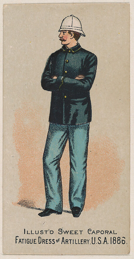 Fatigue Dress, Artillery, United States Army, 1886, from the Military Series (N224) issued by Kinney Tobacco Company to promote Sweet Caporal Cigarettes, Issued by Kinney Brothers Tobacco Company, Commercial color lithograph 