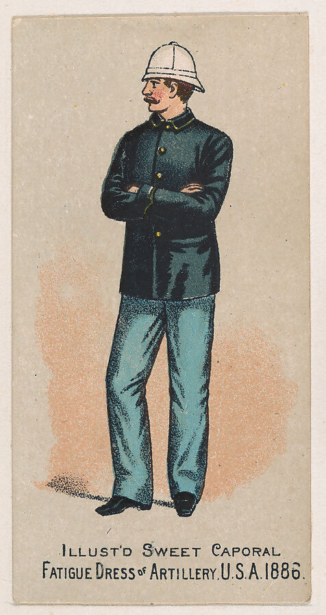 Fatigue Dress, Artillery, United States Army, 1886, from the Military Series (N224) issued by Kinney Tobacco Company to promote Sweet Caporal Cigarettes, Issued by Kinney Brothers Tobacco Company, Commercial color lithograph