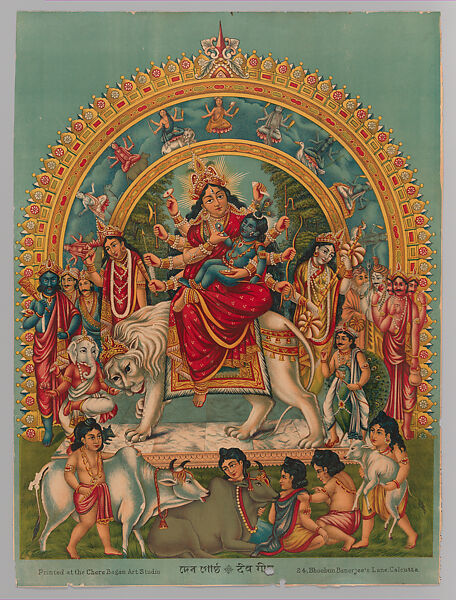 Durga holding the infant Krishna (Deva Gostha), Lithograph with varnish, India 