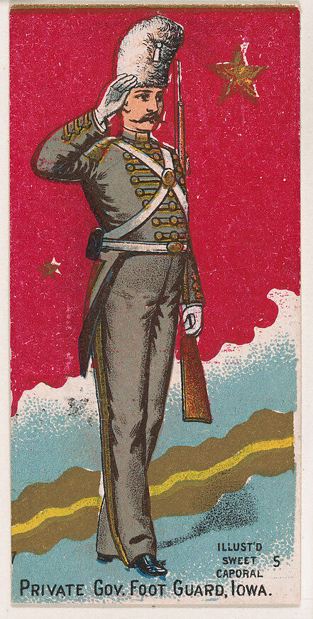 Private, Gov. Foot Guard, Iowa, from the Military Series (N224) issued by Kinney Tobacco Company to promote Sweet Caporal Cigarettes, Issued by Kinney Brothers Tobacco Company, Commercial color lithograph 