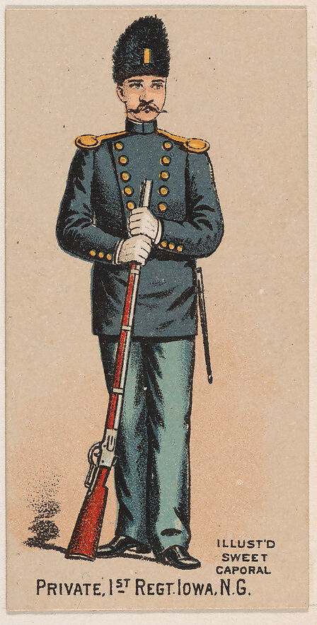 Private, 1st Regiment, Iowa, National Guard, from the Military Series (N224) issued by Kinney Tobacco Company to promote Sweet Caporal Cigarettes, Issued by Kinney Brothers Tobacco Company, Commercial color lithograph 