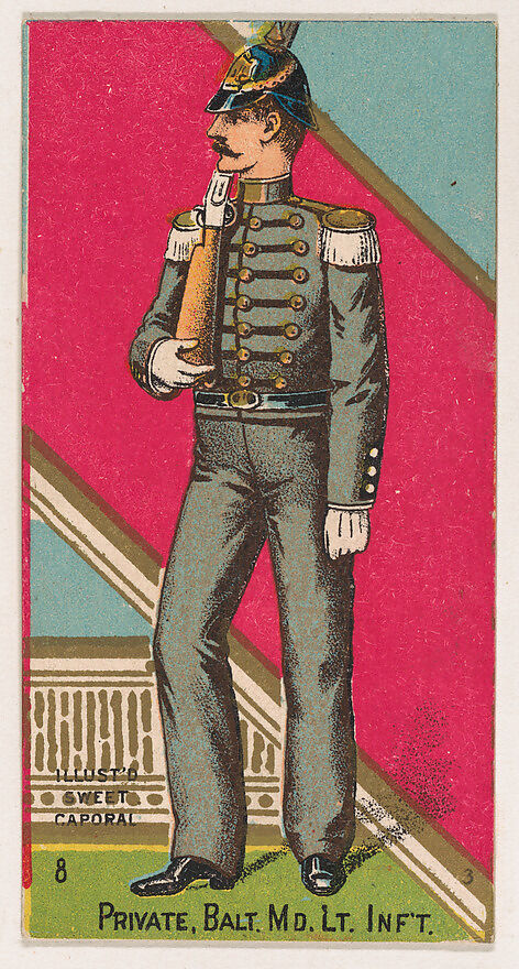 Private, Baltimore, Maryland, Light Infantry, from the Military Series (N224) issued by Kinney Tobacco Company to promote Sweet Caporal Cigarettes, Issued by Kinney Brothers Tobacco Company, Commercial color lithograph 