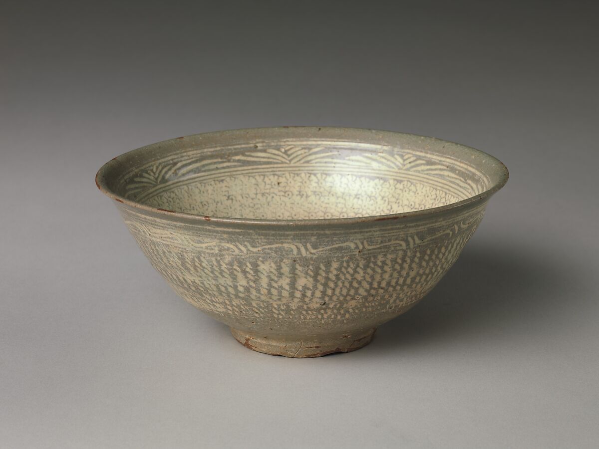 Bowl with inscription and chrysanthemums and tortoiseshell decoration, Buncheong ware with stamped design, Korea
