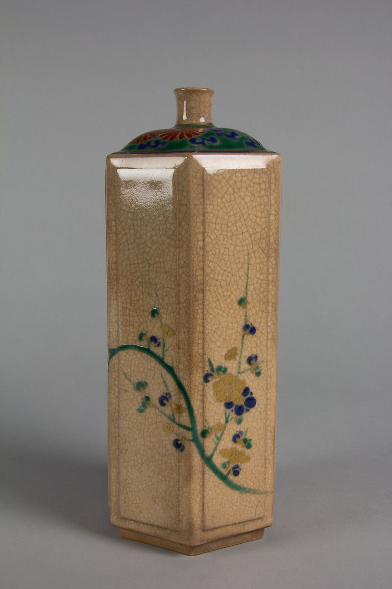 Bottle Decorated with "Three Friends" Pine, Bamboo and Plum, Stoneware, cream colored glaze; red, green and blue enamels with gold (Kyoto ware, Kokiyomizu style), Japan 
