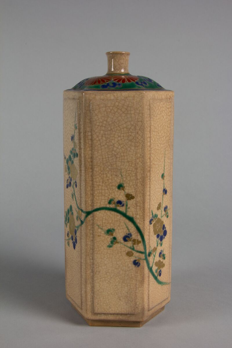 Bottle Decorated with "Three Friends" Pine, Bamboo and Plum, Stoneware, cream colored glaze; red, green and blue enamels with gold (Kyoto ware, Kokiyomizu style), Japan