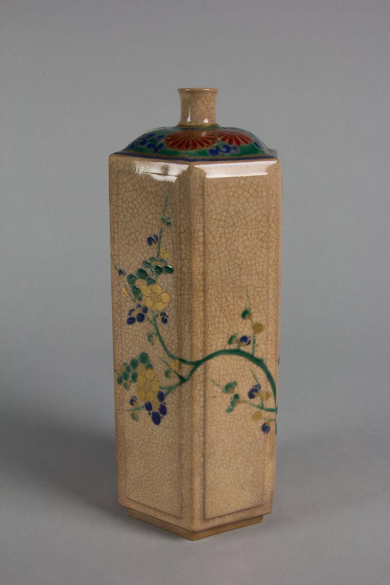 Bottle Decorated with "Three Friends" Pine, Bamboo and Plum, Stoneware, cream colored glaze; red, green and blue enamels with gold (Kyoto ware, Kokiyomizu style), Japan