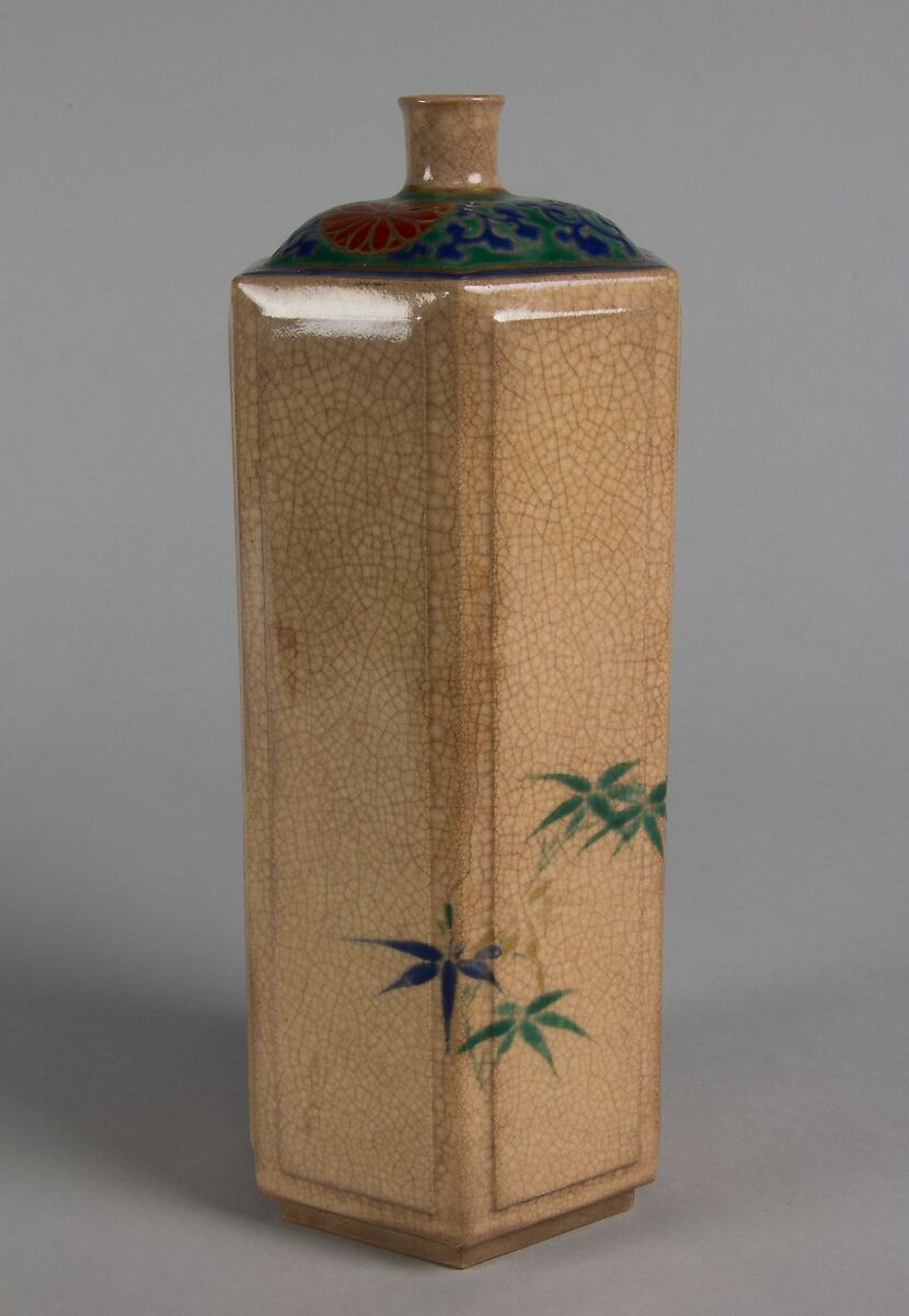 Bottle Decorated with "Three Friends" Pine, Bamboo and Plum, Stoneware, cream colored glaze; red, green and blue enamels with gold (Kyoto ware, Kokiyomizu style), Japan