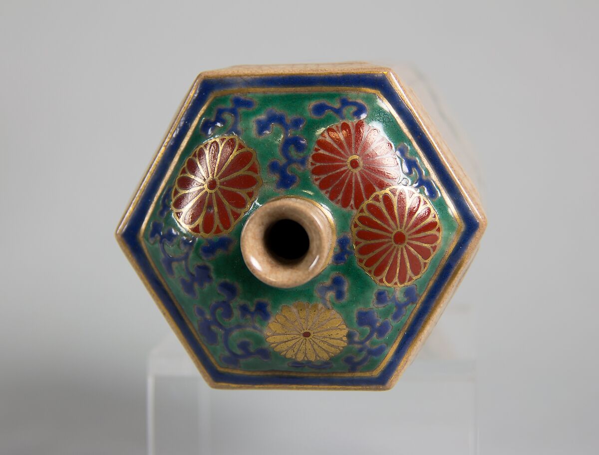 Bottle Decorated with "Three Friends" Pine, Bamboo and Plum, Stoneware, cream colored glaze; red, green and blue enamels with gold (Kyoto ware, Kokiyomizu style), Japan