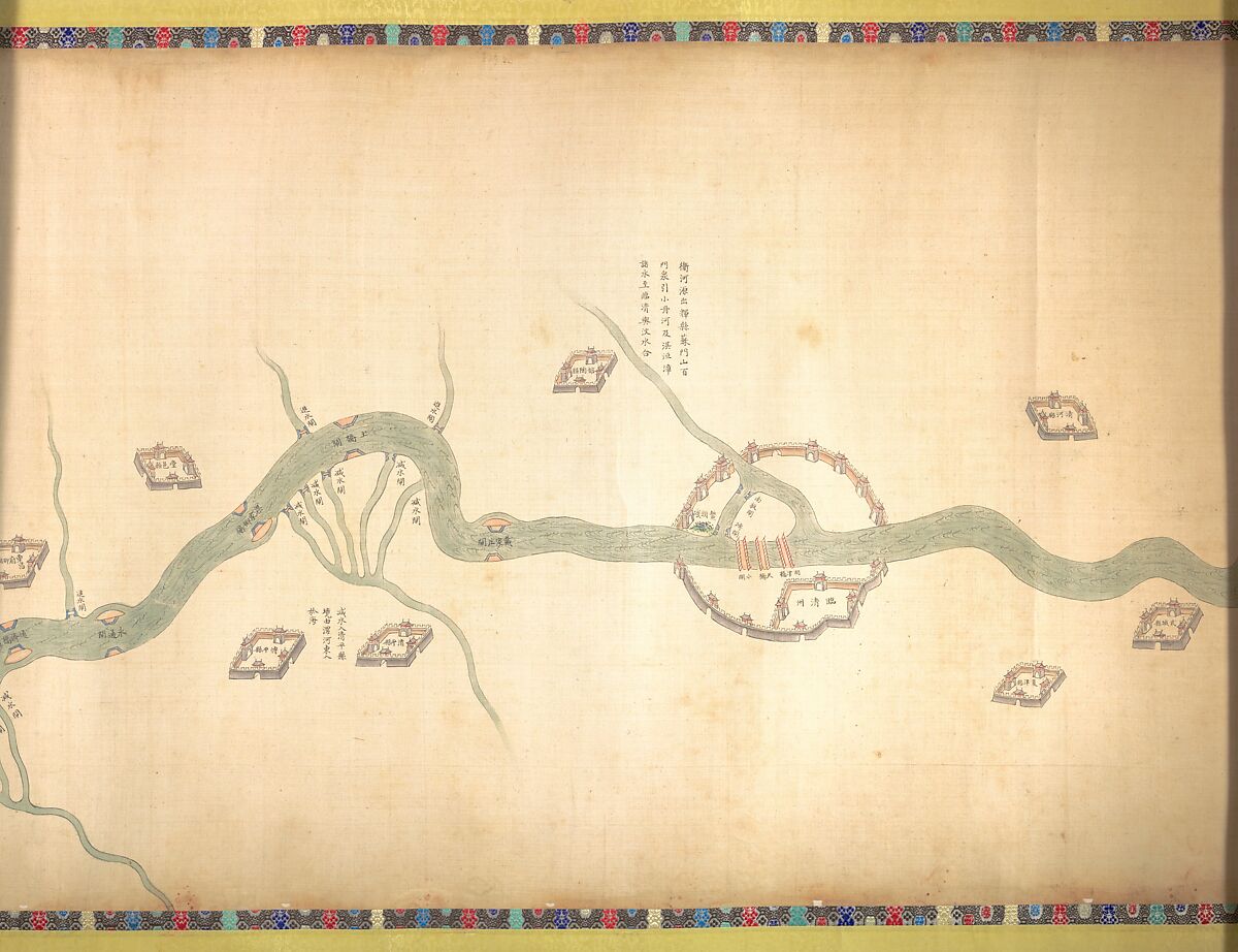 Map of the Grand Canal from Beijing to the Yangzi River, Unidentified artist (Chinese, late 18th or early 19th century), Handscroll; ink and color on silk, China