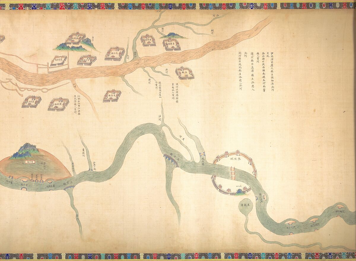 Map of the Grand Canal from Beijing to the Yangzi River, Unidentified artist (Chinese, late 18th or early 19th century), Handscroll; ink and color on silk, China