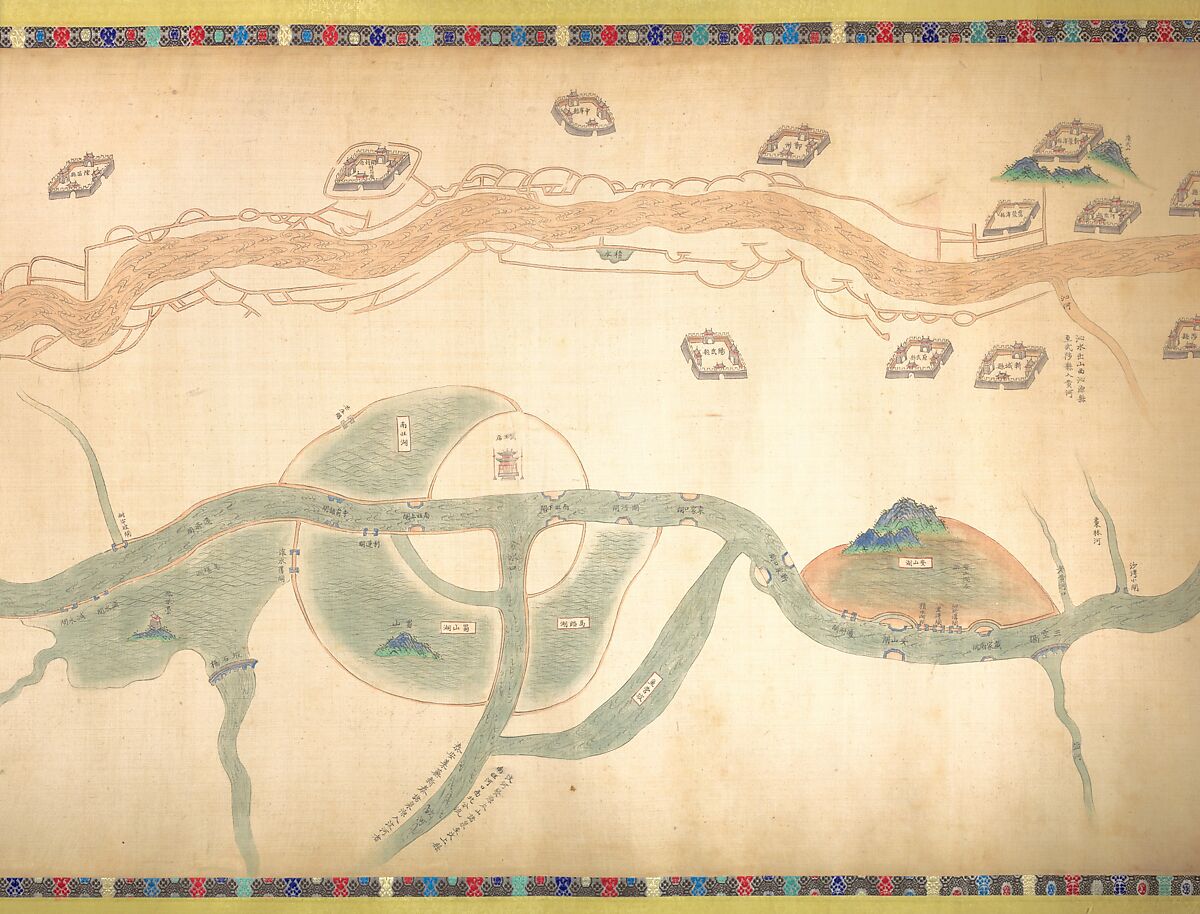 Map of the Grand Canal from Beijing to the Yangzi River, Unidentified artist (Chinese, late 18th or early 19th century), Handscroll; ink and color on silk, China