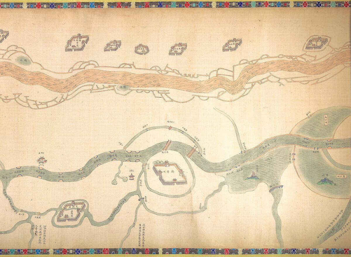 Map of the Grand Canal from Beijing to the Yangzi River, Unidentified artist (Chinese, late 18th or early 19th century), Handscroll; ink and color on silk, China