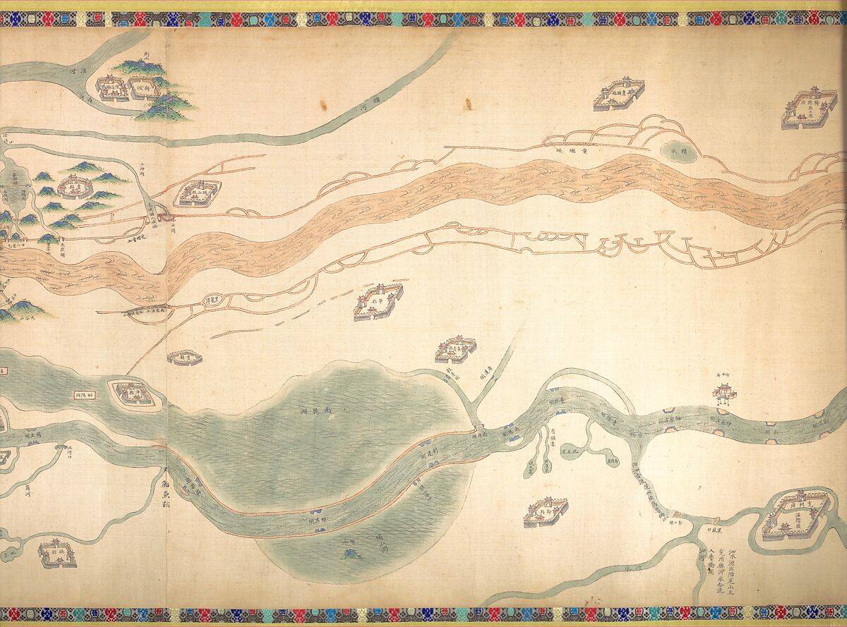 Map of the Grand Canal from Beijing to the Yangzi River, Unidentified artist (Chinese, late 18th or early 19th century), Handscroll; ink and color on silk, China