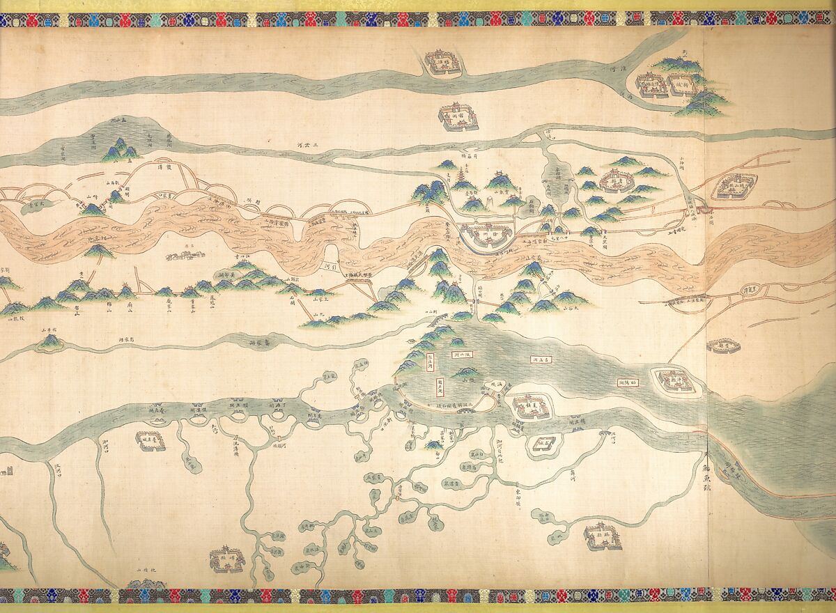 Map of the Grand Canal from Beijing to the Yangzi River, Unidentified artist (Chinese, late 18th or early 19th century), Handscroll; ink and color on silk, China