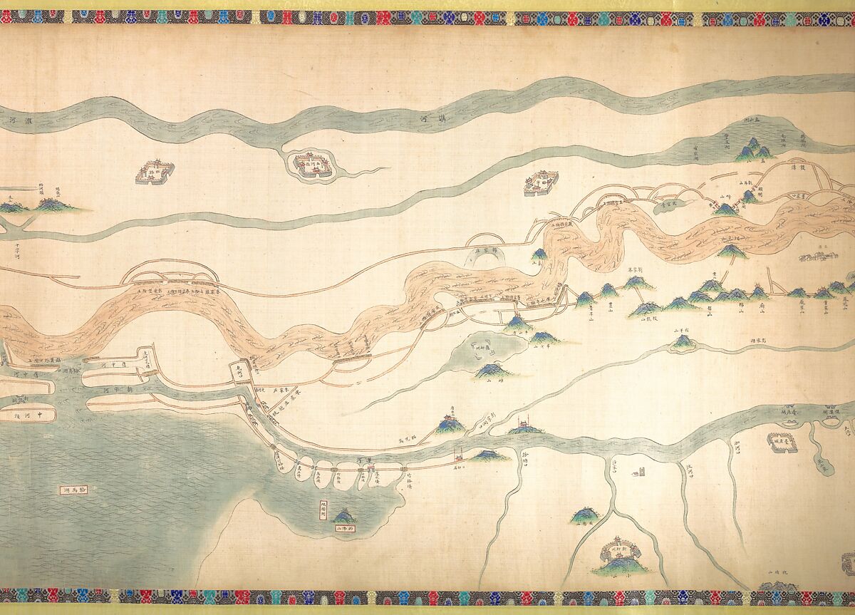 Map of the Grand Canal from Beijing to the Yangzi River, Unidentified artist (Chinese, late 18th or early 19th century), Handscroll; ink and color on silk, China