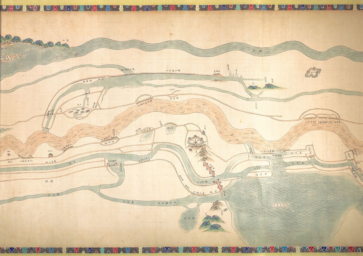 Map of the Grand Canal from Beijing to the Yangzi River, Unidentified artist (Chinese, late 18th or early 19th century), Handscroll; ink and color on silk, China