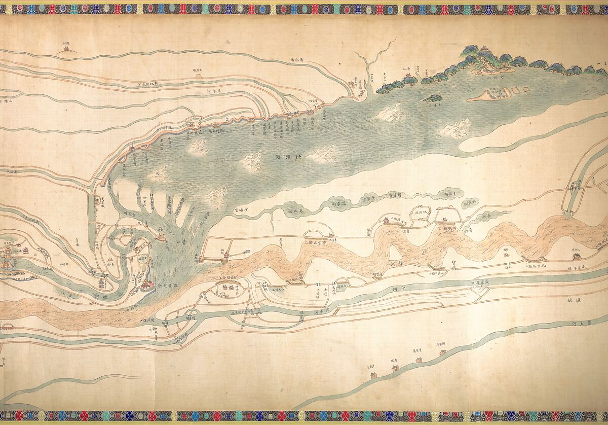 Map of the Grand Canal from Beijing to the Yangzi River, Unidentified artist (Chinese, late 18th or early 19th century), Handscroll; ink and color on silk, China