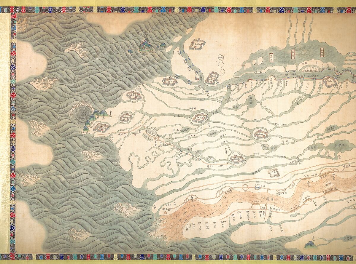 Map of the Grand Canal from Beijing to the Yangzi River, Unidentified artist (Chinese, late 18th or early 19th century), Handscroll; ink and color on silk, China